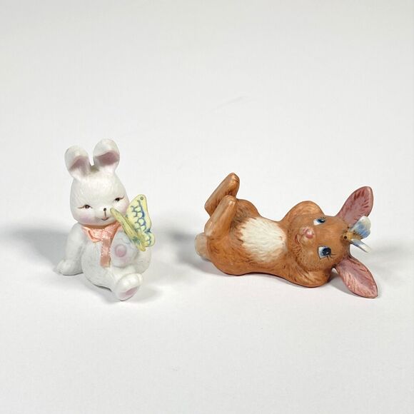 Vtg Porcelain Mini Rabbit Figurines Butterfly White Brown Bunny Matte Ceramic - Picture 1 of 11